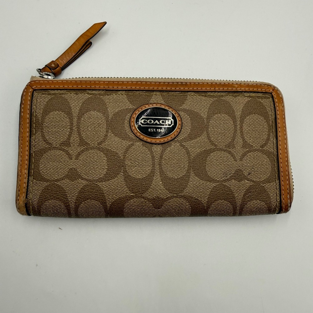 Coach Signature C Zip Around Wallet Wristlet Brown Tan Y2K Leather